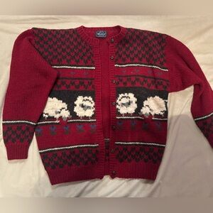 Vintage Woolrich wool Red Knit Cardigan with sheep, large